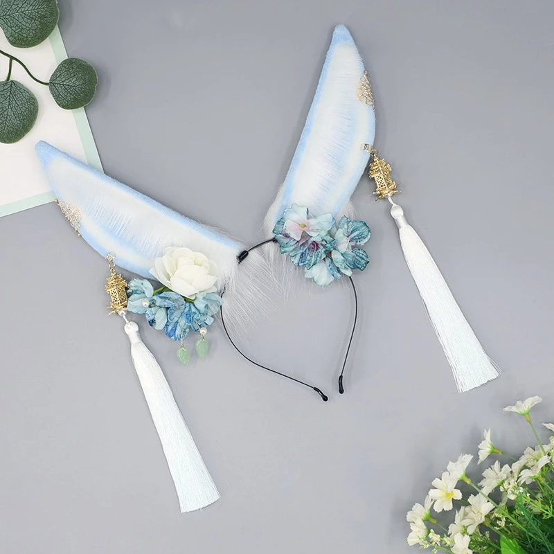 Handmade Jade Rabbit Ears Headband Chinese Style Plush Bunny Ear Hair Hoop with Flower Tassel Ancient Cosplay Props for Anime Co