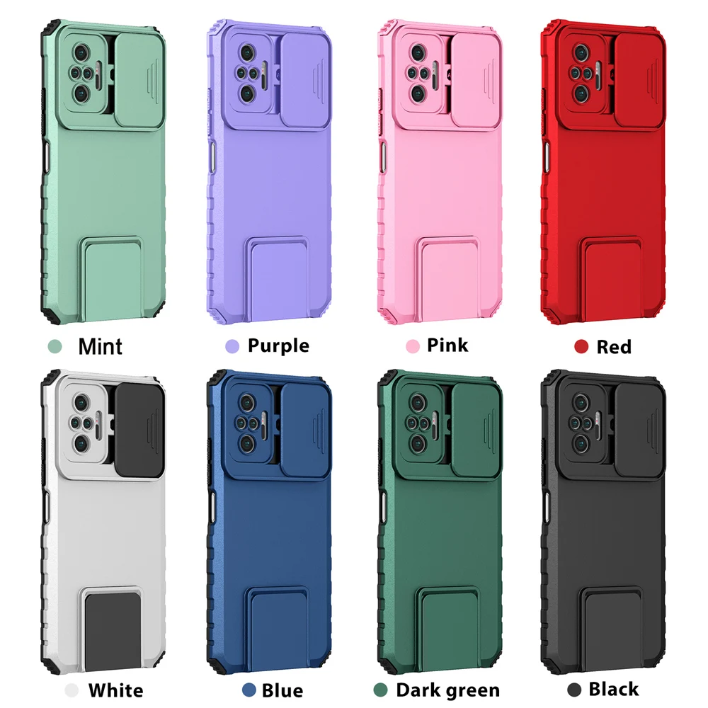 KEYSION Shockproof Case for Redmi Note 10 Pro 10S 9 8 Push Pull Camera Protection Live Stand Phone Cover for Redmi 10 C 9A 9C 9T