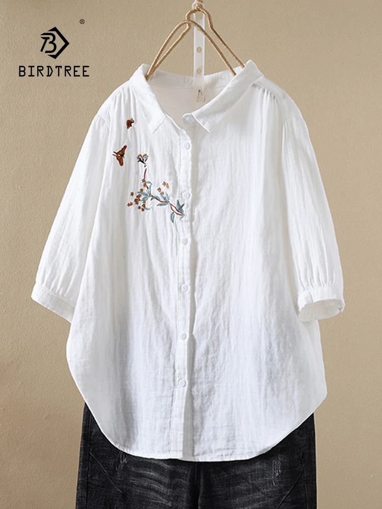 

New 2026 Summer Women Cotton Yarn Half Sleeve Shirt, Turn-down Collar Embroidery, Mori Girl Fashion Soft Loose Blouse T65020CC