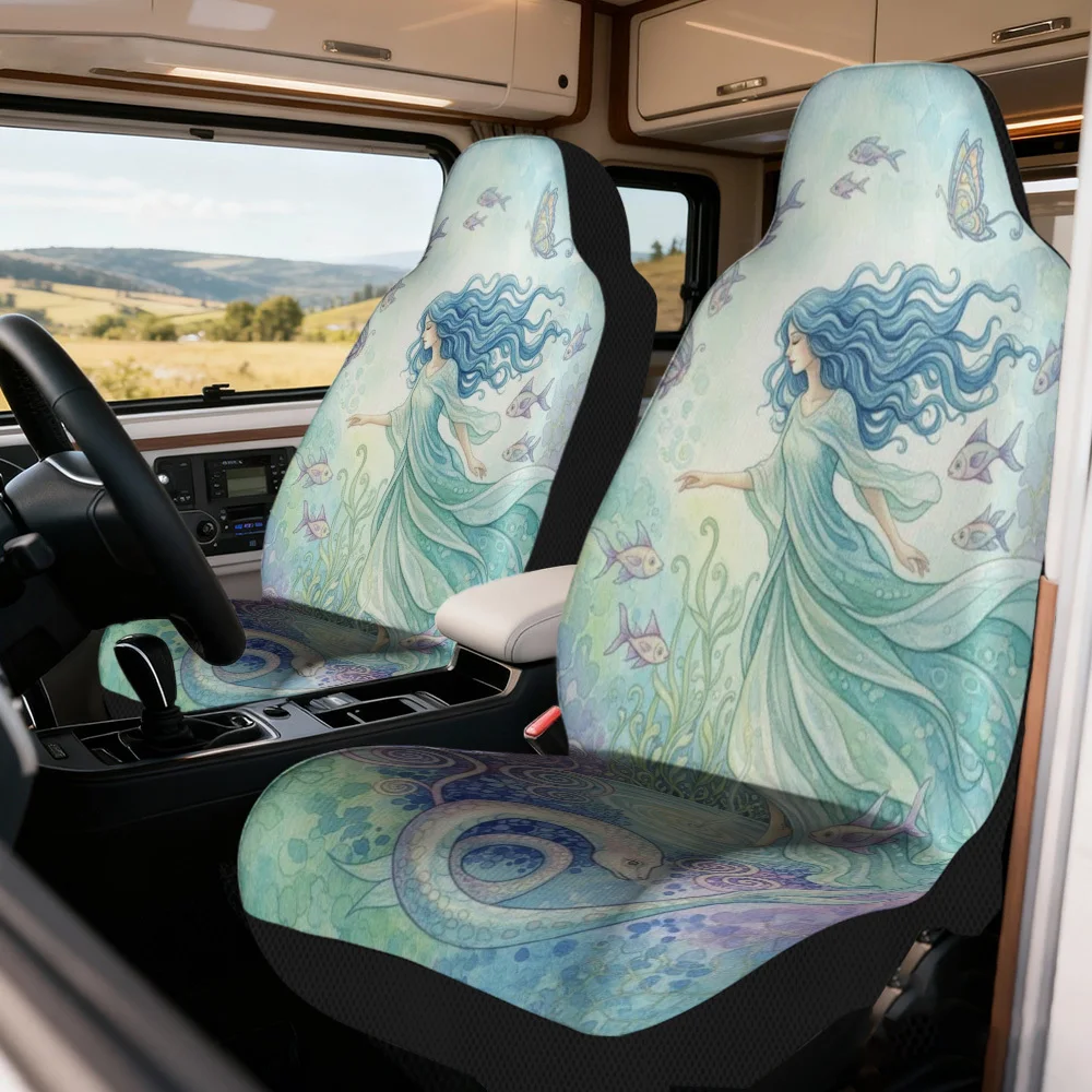 2pcs Universal Car Seat Covers Set, Mermaid And Fish Dance Print, Elegant Vehicle Seat Covers. Fits Daily Park Visits & Weekend