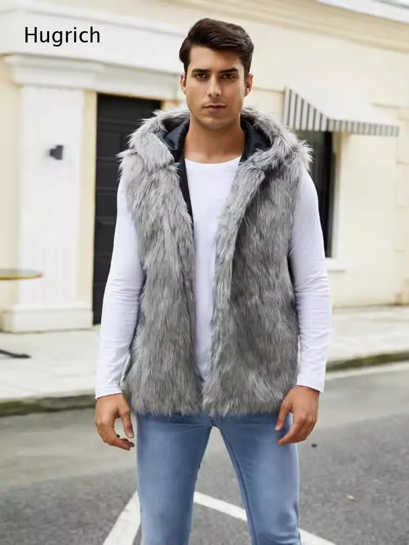 Grey Long Shaggy Faux Fur Hooded Vest Cold Weather Mens Open Front Fluffy Thermal Waistcoat