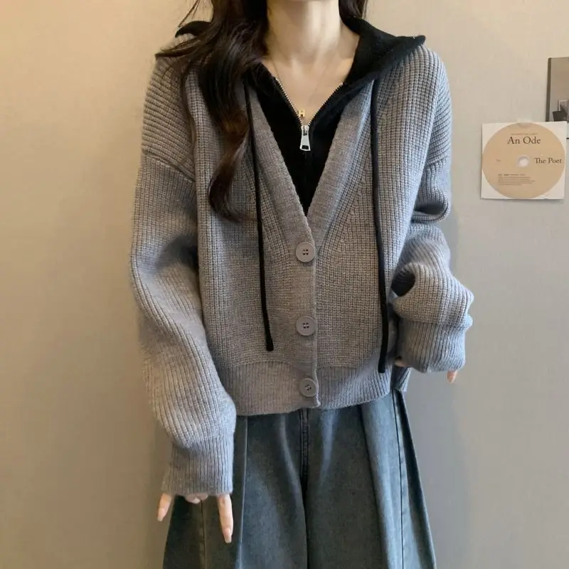 

Korean Hooded Patchwork Cardigan Autumn Winter Stylish Drawstring Female Clothing Fake Two Pieces Casual Loose Knitted Sweaters