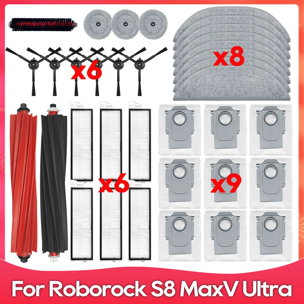 Совместимо с ( Roborock S8 MaxV Ultra, S8 Max Ultra ) Основная и боковая щетка, салфетки для мытья, фильтр, мешок для пыли, аксессуар