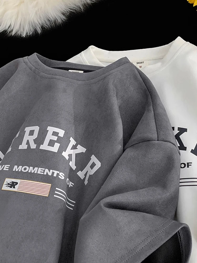 

Men's Suede ort Sve T-irt 300g Heavyweight American Retro Couple Matching 7/2 Sve Loose Fit round Ne Print T-irt