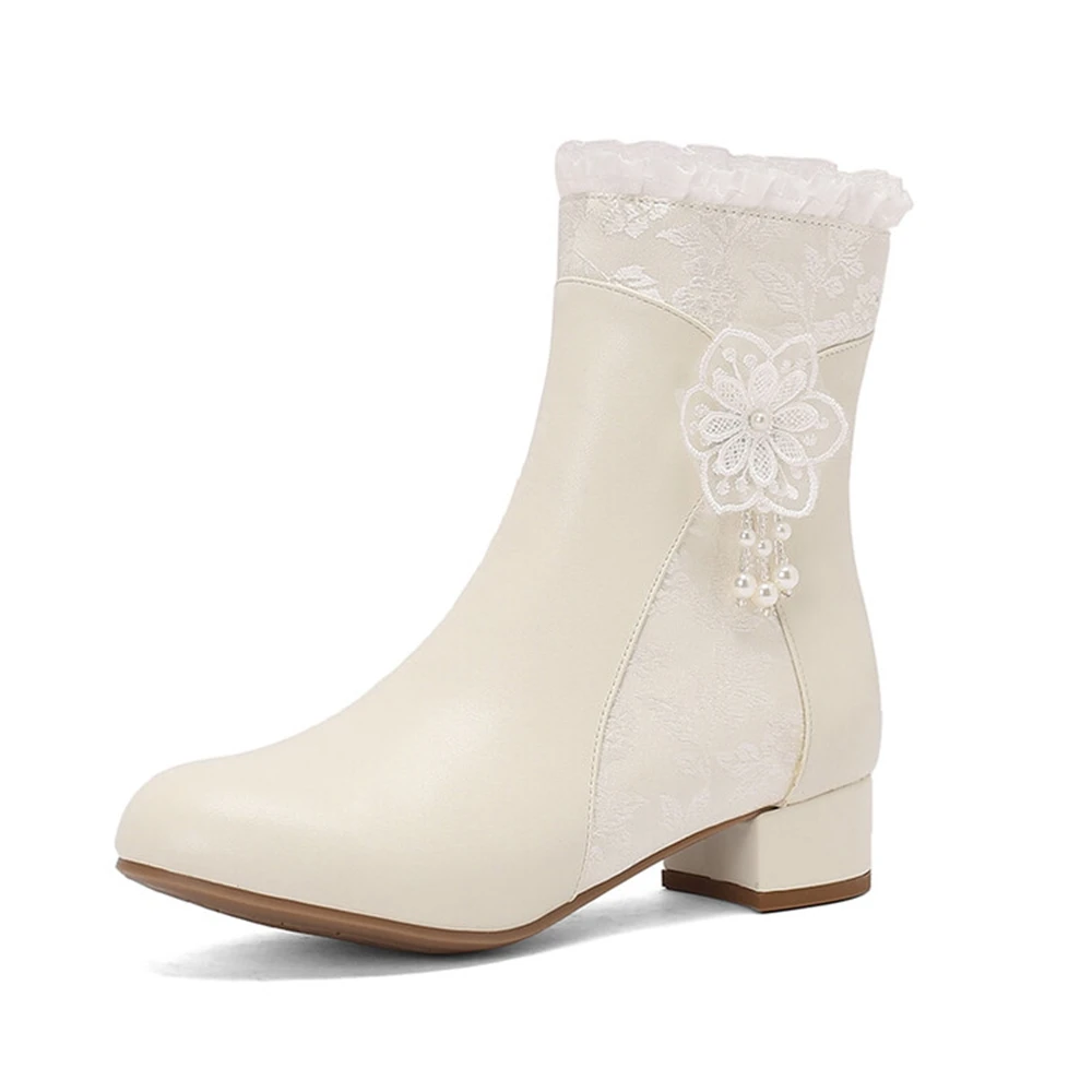 

Women Round Toe Lace Short Boots Retro Cheongsam Dress Bridal Shoes Comfortable Thick Heel Zipper Cute Women Shoes 99-4