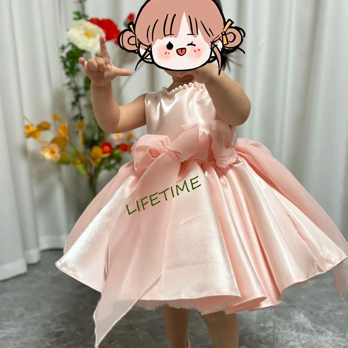 CustomizedElegant Sleeveless Pink Baby Pearls Flower Girl Dress Knee Length Princess Wedding Birthday Party Ball Gown