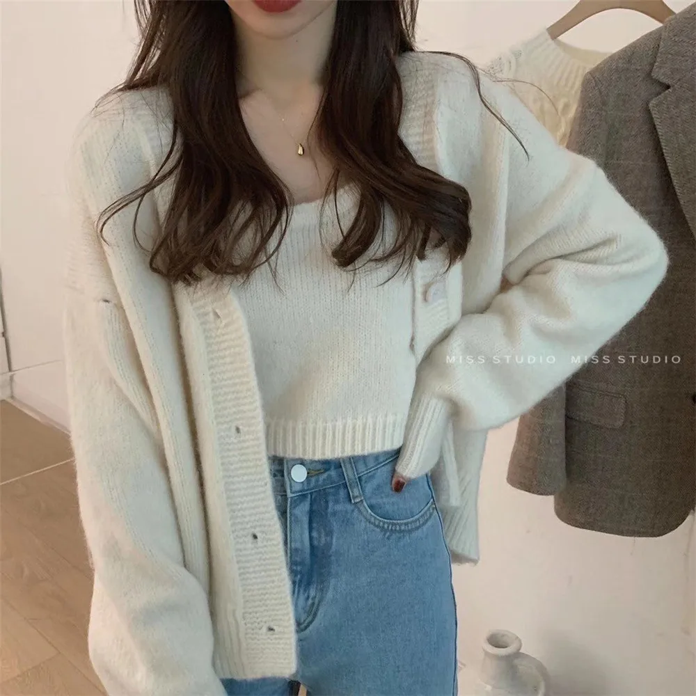 Women Knitted Cardigan+Camisole Two Piece Set Suit Women Autumn Winter Cropped Cardigan Cardigan Mujer