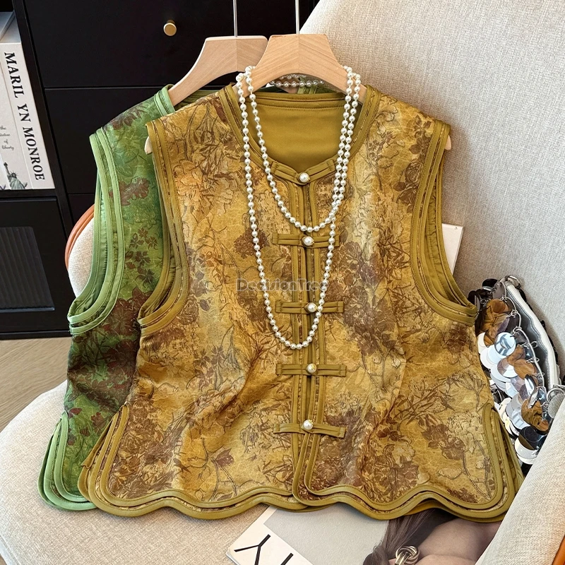 

2025 new chinese-style jacquard printed vest round collar cheongsam button waistcoat tang suit jacket loose casual qipao vest t1