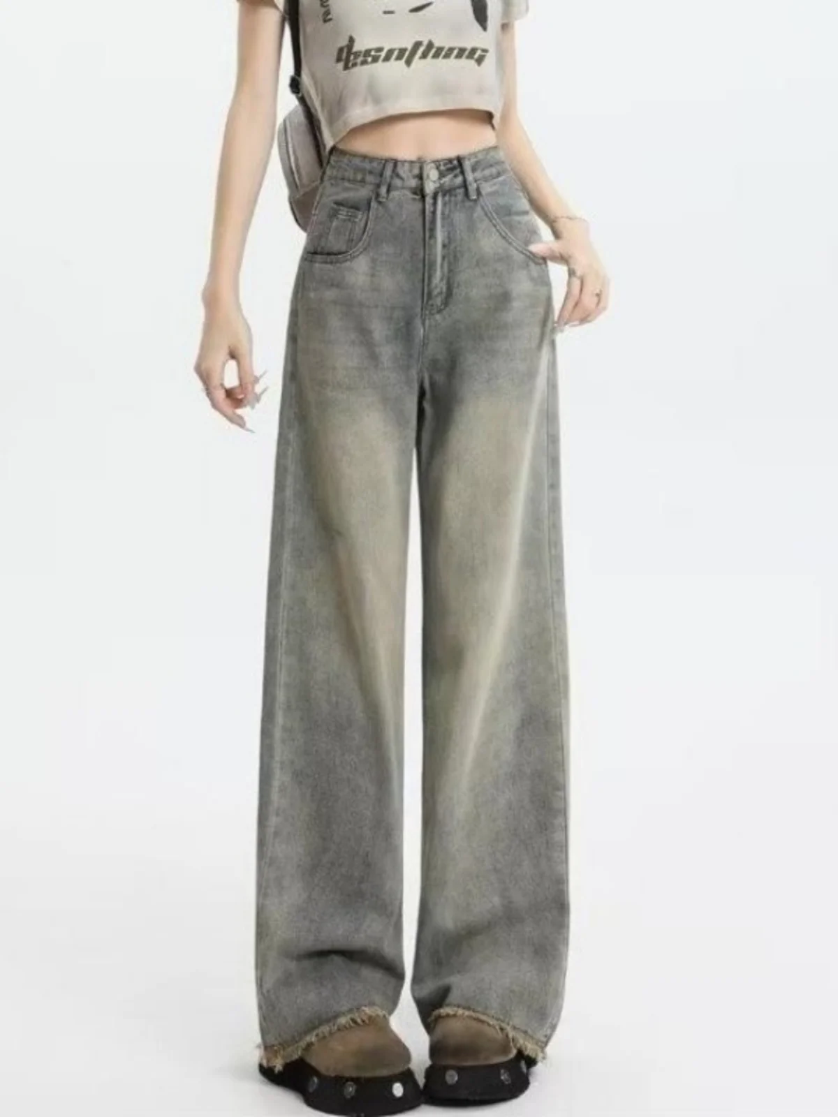 

Джинсы с высокой талией и широкими штанинами, женские весенне-осенние свободные длинные брюки с прямым подолом, уличные длинные брюки с выцветкой на талии