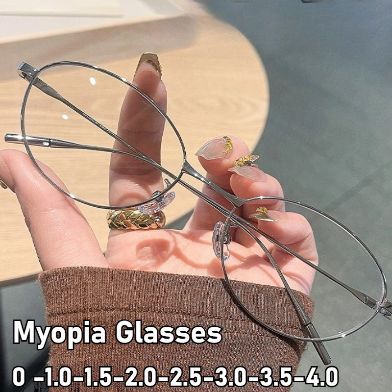 Unisex Ultralight Fashion Cat Eye Myopia Glasses Oval Metal Frames Clear Lenses Anti-Blue Light Glasses Diopter To -4.0