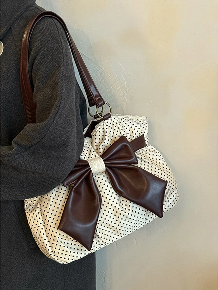 

Korean Style Polka Dot Bow Single Shoulder Bags Women's Large Capacity Commuting Underarm Bag Trend Vintage Female Handbags