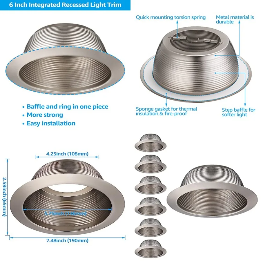 

6 Inch Metal Recessed Can Light Trim, One Pcs Baffle Trim, Full Metal, for PAR30, PAR38, R30, BR30, BR40 Light Bulbs, for 6" Ca