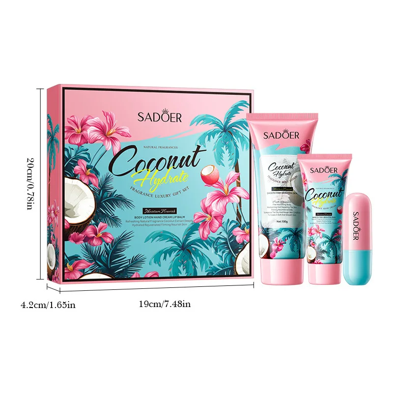 مجموعة هدايا فاخرة لترطيب جوز الهند، لوشن الجسم، كريم اليد، بلسم الشفاه، العناية بالعطور