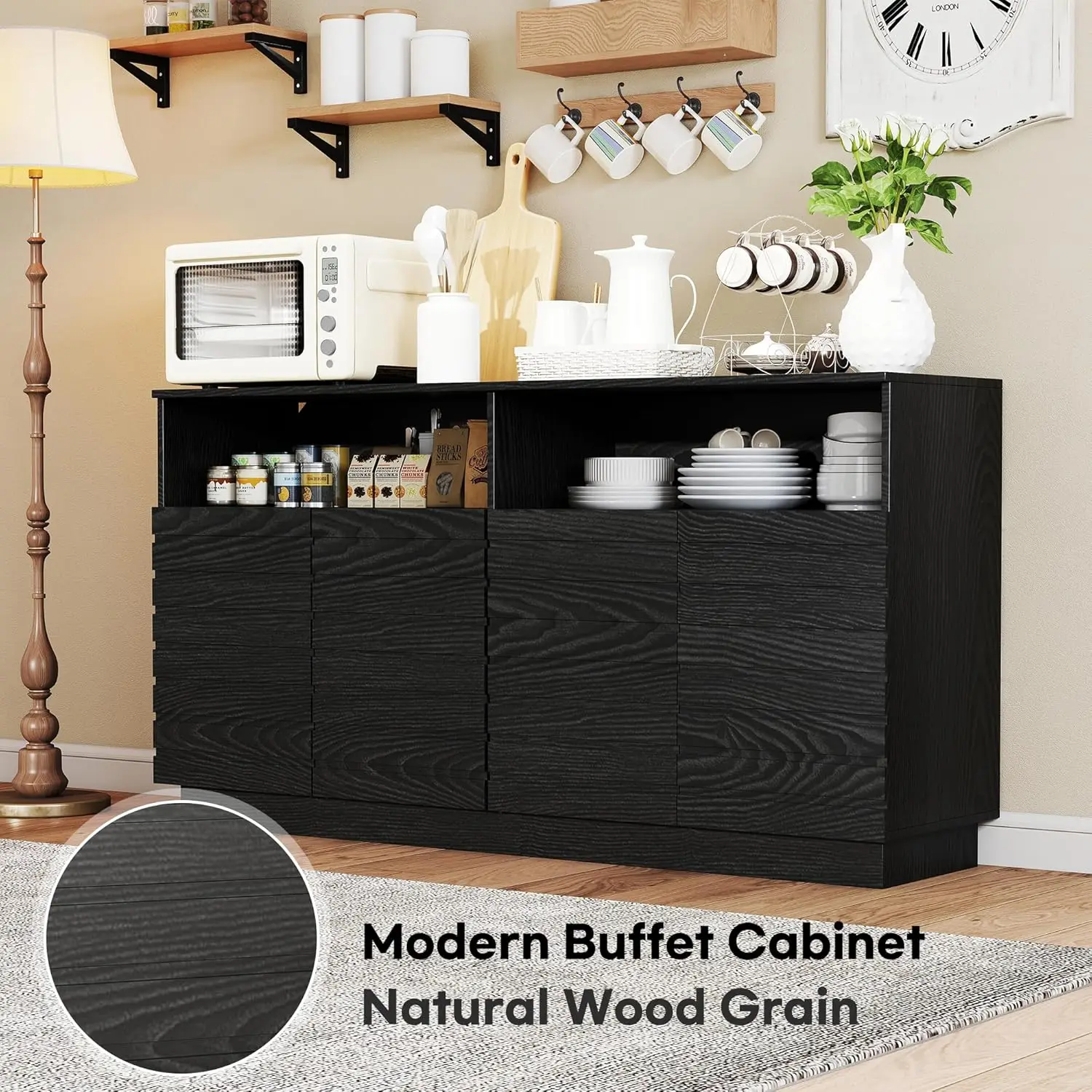 Credenza nera da 60' con luci a LED e ante scanalate, ripiani regolabili, mobile bar per soggiorno