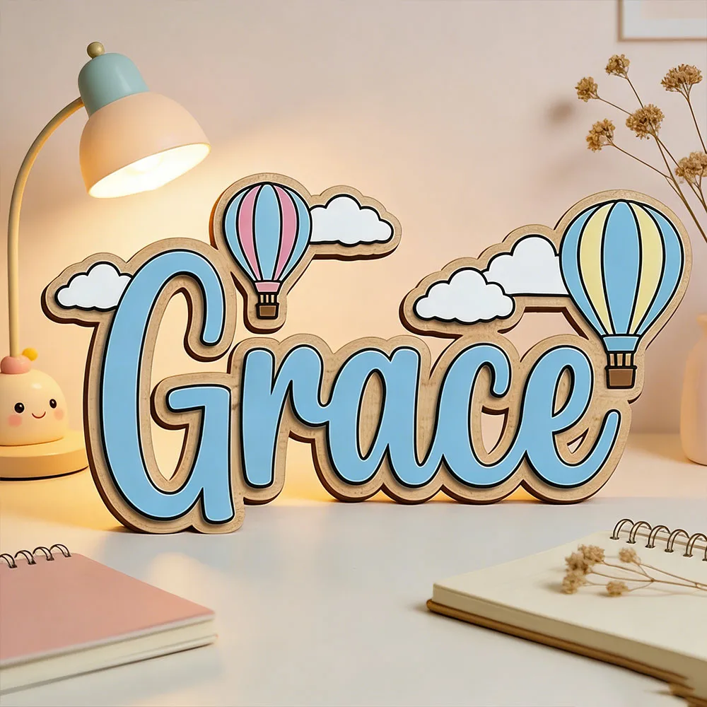 Custom Hot Air Balloon Name Plaque 3D Wooden Door Sign Nursery Bedroom Wall Art Personalized Gift for Kids