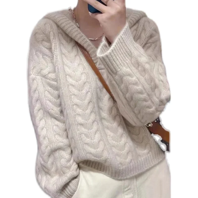 

Женский осенне-зимний свитер с v-образным вырезом и вязанием из 100% мериносовой шерсти, вязаный пуловер с длинными рукавами, свободный крой, женские топы