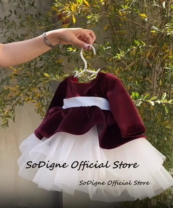 SoDigne-vestido corto de terciopelo con corte en A para niña, vestido de flores con mangas completas y cuello redondo, falda para niña, vestidos de fiesta, vestido de cumpleaños personalizado para niño 2026