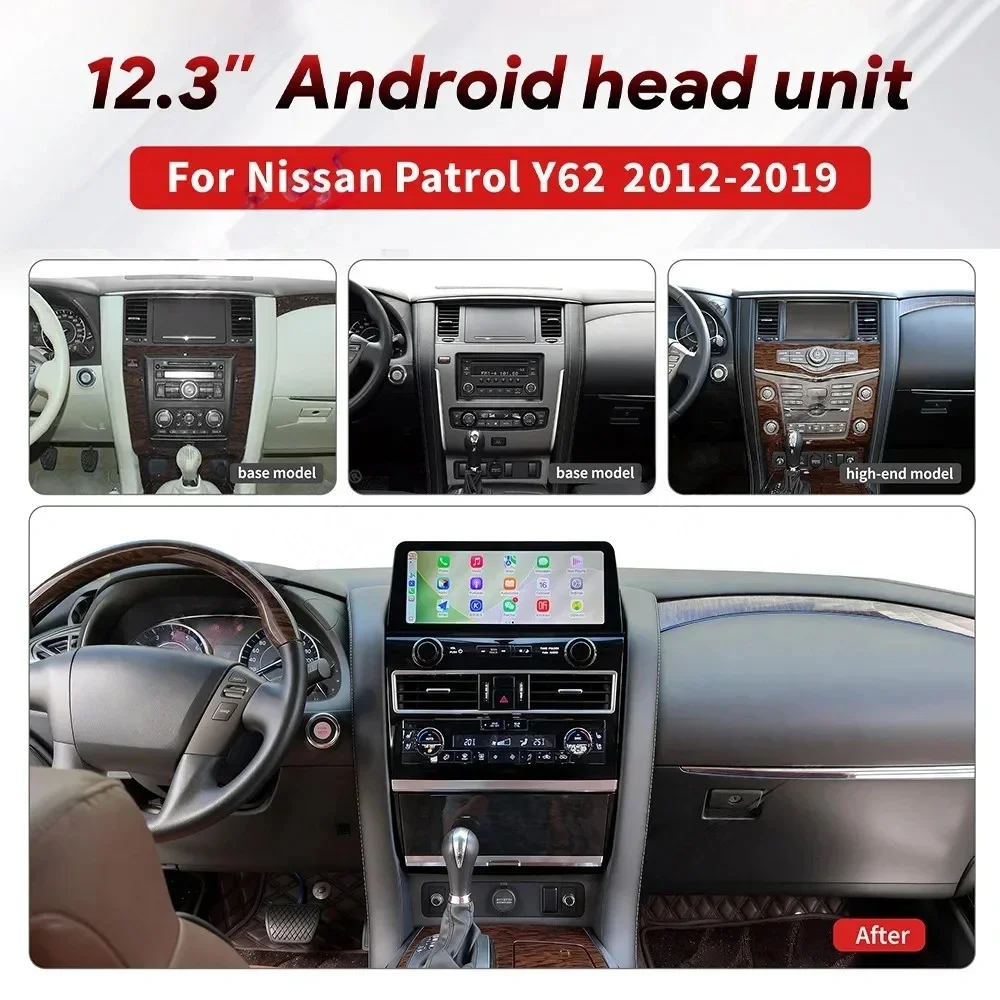 

12.3-дюймовое головное устройство для Nissan Armada Y62 Patrol 2010-2019: Android 13, CarPlay, GPS-навигация, Bluetooth, 4G, мультимедийный плеер
