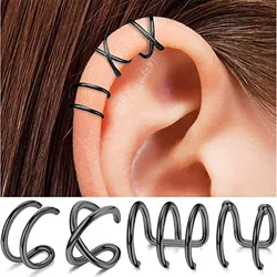 2-4pcs Stainless Steel Black Ear Criss Cross Double Lines Adjustable Ear Cuff Earrings Non-Piercing Fake Cartilage Clip On Women