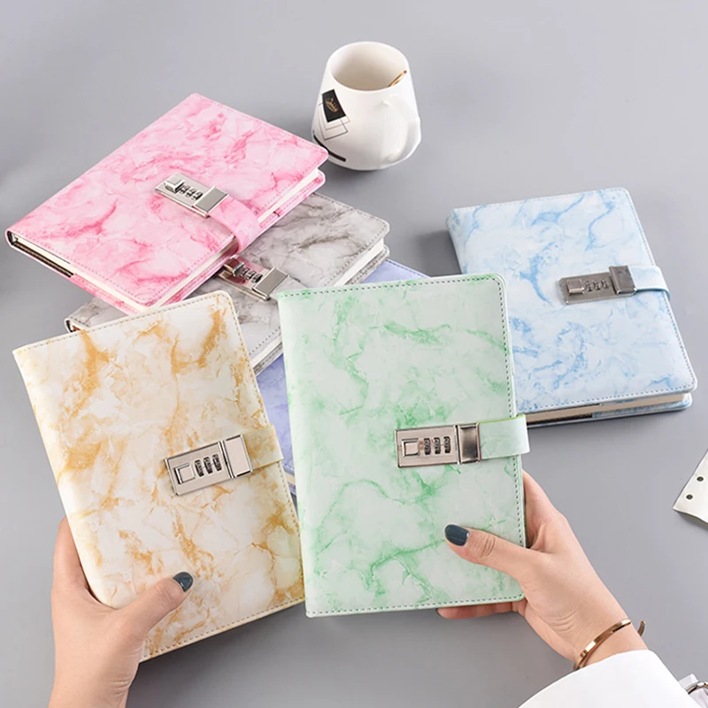 Password Notebook Leather Texture Personal Diary Journal with Lock Code Thick Notepad Leather Office School Supplies Gift