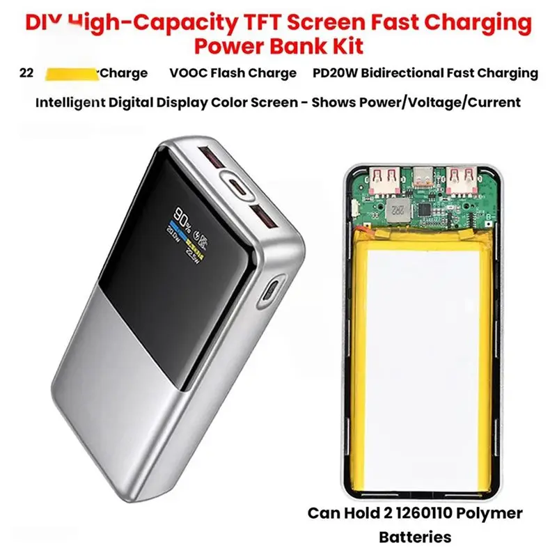 

Материнская плата для повербанка AA51 22.5W с быстрой зарядкой и цветным TFT-дисплеем для тройных литиевых аккумуляторов