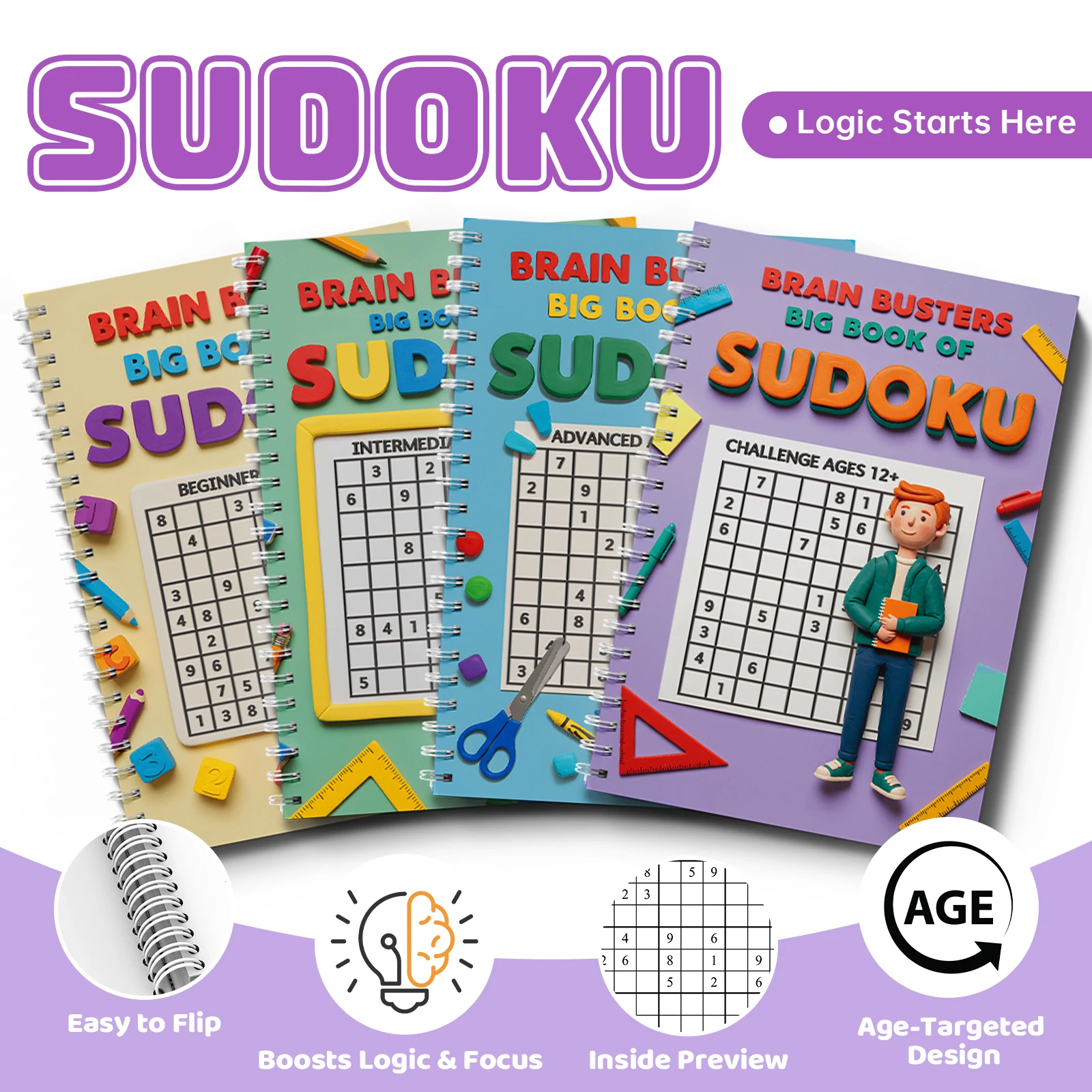 Kids Early Education Sudoku Puzzle Book, Brain Teaser Logic Game Workbook, Number Reasoning Training Book for Toddlers