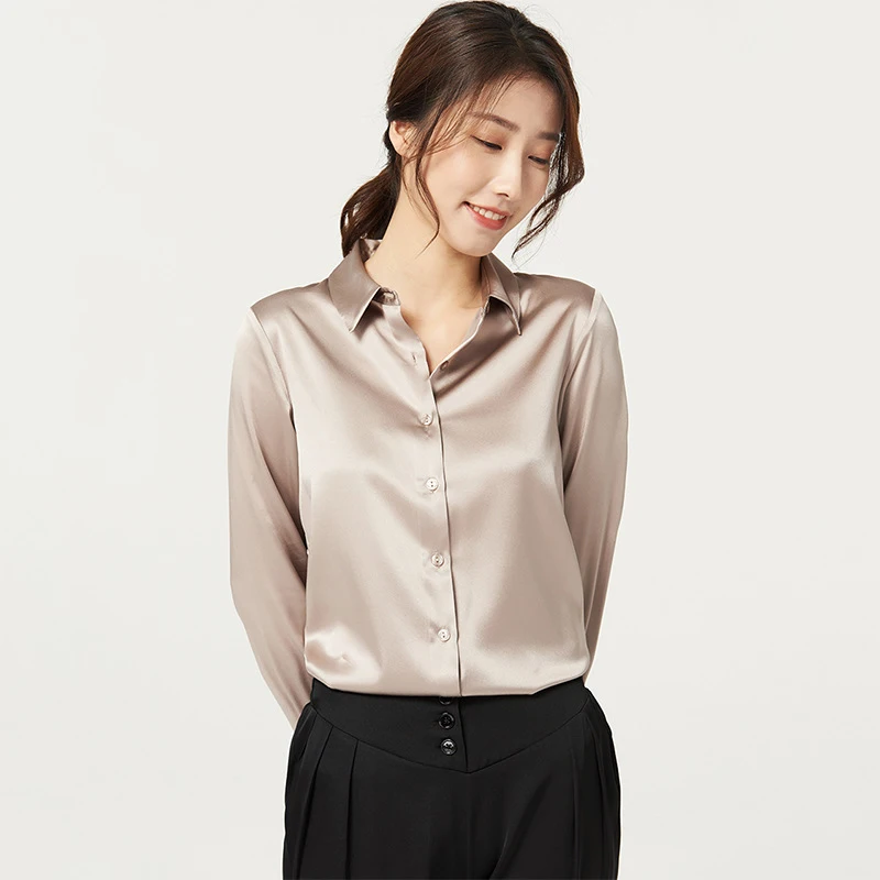 Women 93% Mulberry Silk Blouse 19MM Heavyweight Satin Shirt Long Sleeve Loose Fit Breathable Office Work Wear Elegant Top