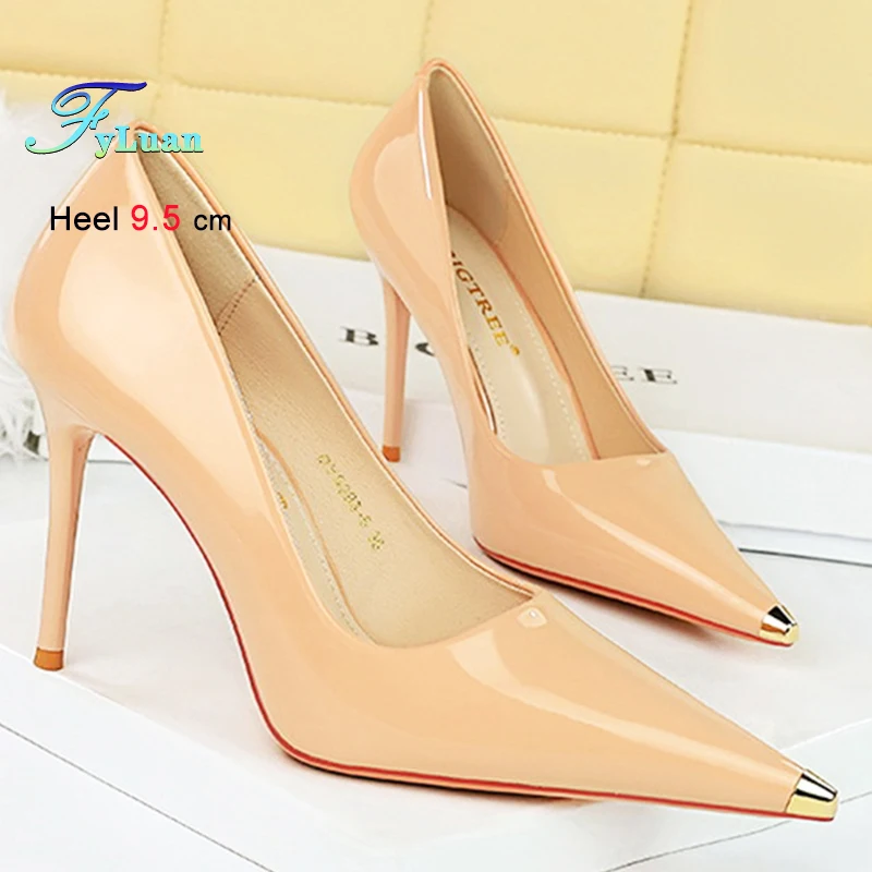 

Black White Naked Color Heels 9.5cm Women's Shoes Patent Leather Heels Shallow Mouth Pumps Metal Pointed Stiletto Banquet Shoes