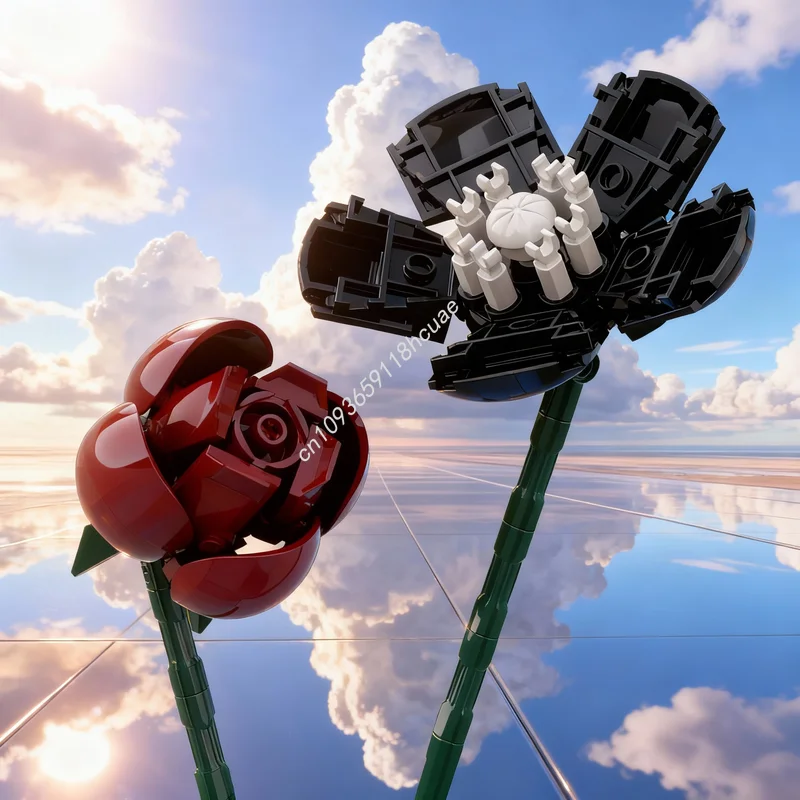 

122 детали MOC: Модель растений (черный мак, бургундская роза), конструктор, игрушка, развивающий набор, идея для рождественского подарка