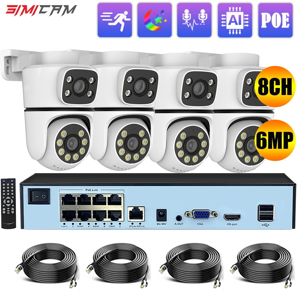 

SIMICAM Waterproof 6MP HD POE Surveillance Camera System Dual Lens PTZ POE IP Home Security 8CH POE NVR Video H.265 CCTV Kit