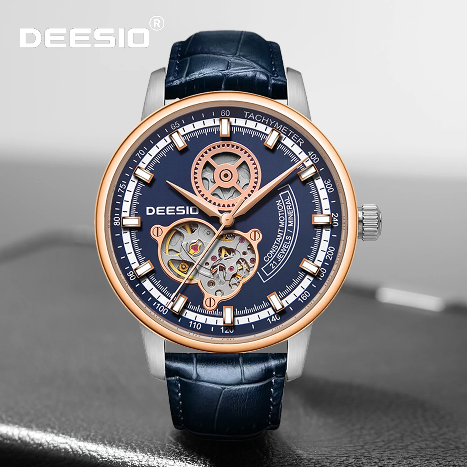 

Мужские автоматические механические часы Deesio с сапфировым стеклом, скелетонизированным циферблатом, светящимися стрелками, кожаным ремешком, водонепроницаемые, роскошные, деловые.