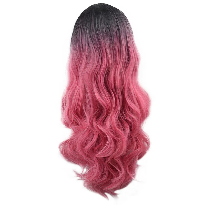 Peruca de onda grande europeia e americana para mulheres, cabelo longo encaracolado, boné de peruca de fibra sintética gradiente de duas cores.