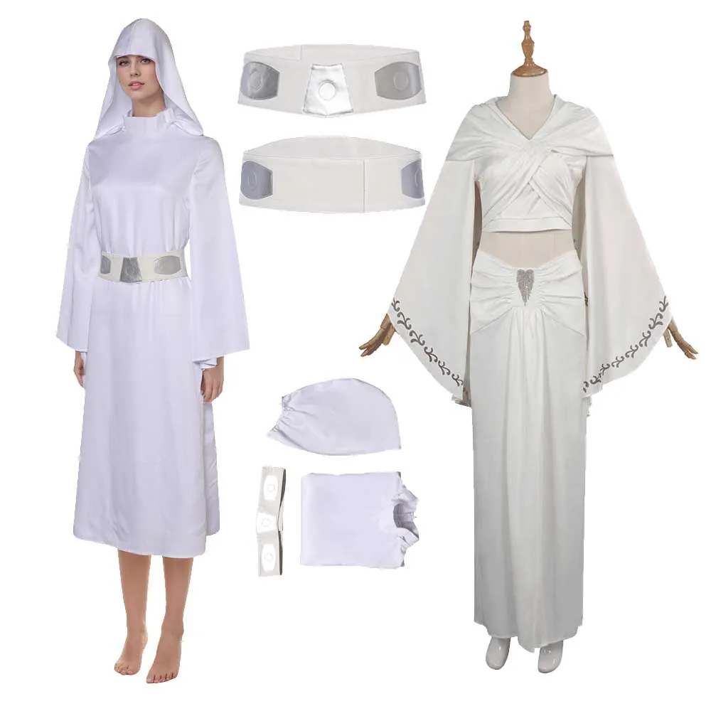 Women Girls Leia Cosplay Dress Belt Fantasy White Robe Movie Space Battle Costume Disguise Adult Cosplay Roleplay Outfits