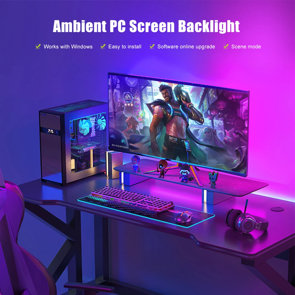 Ambient PC Backlight for Game E-Sports Computer Monitor, immersion Gaming Desktop Sync RGB LED Strip Light Screen Decor Lights