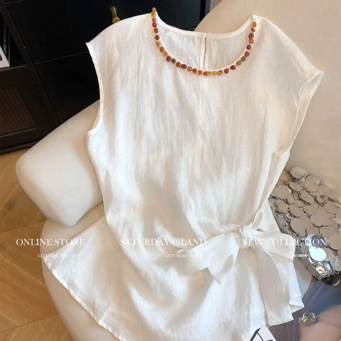 Large Size Women's Clothing Summer New Solid Color Commuter Wind Strap Waist Thin Beaded Splicing Round Neck Sleeveless Vest