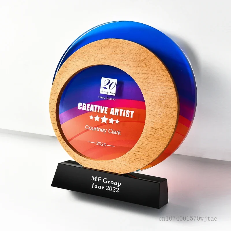 Custom Round Solid Wood Crystal Trophy, Outstanding, Excellent Employee Annual Meeting Awards Commemorative Home Decor Medal 1Pc