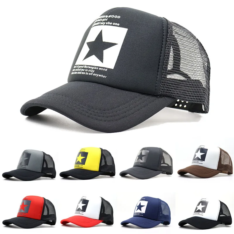 

Mesh Trucker Baseball Cap Five-Pointed Star Letter Print Sponge Baseball Trucker Summer Mesh Snapback Hat Structured Front Panel