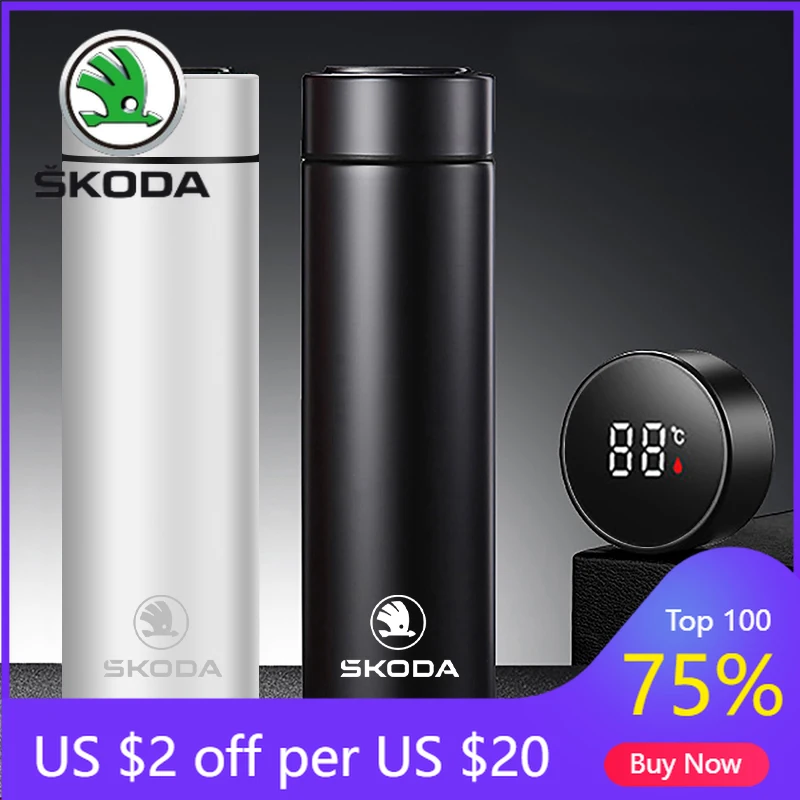 

For SKODA 500ml Portable Car Smart Thermos Water Bottle Cup Auto Accessories For Skoda Fabia Superb Yeti Octavia Rapid Mk3 A4 A6