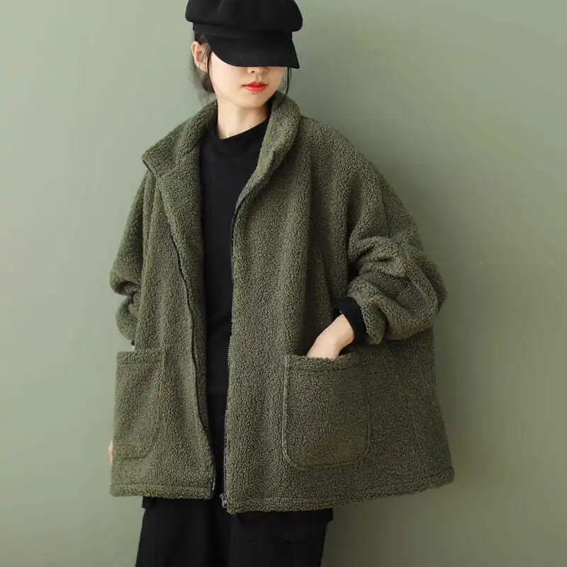 ملابس شتوية من Thiened Lamb Velvet Jaet بياقة واقفة للنساء معطف طويل ذو علامة تجارية فنية وسحاب وطول عادي #4