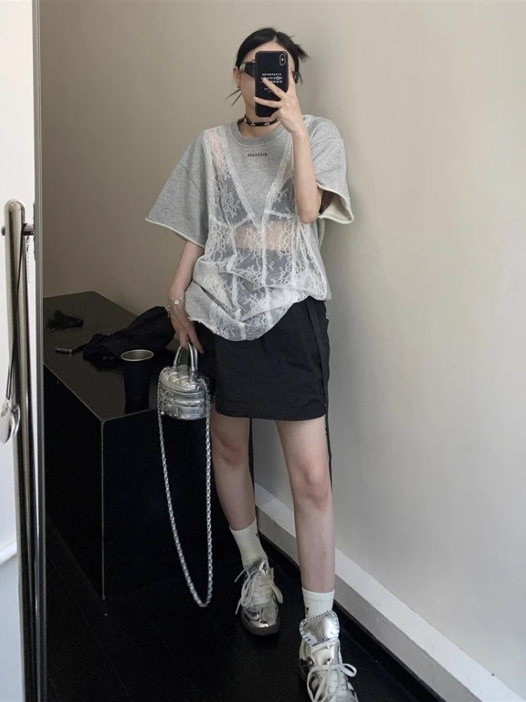 Lace Oversized Vintage Cut Out Sheer T-shirt 4XL New Women T-shirts Loose Short Sleeve Niche Design Fashion Y2k Top for Girls