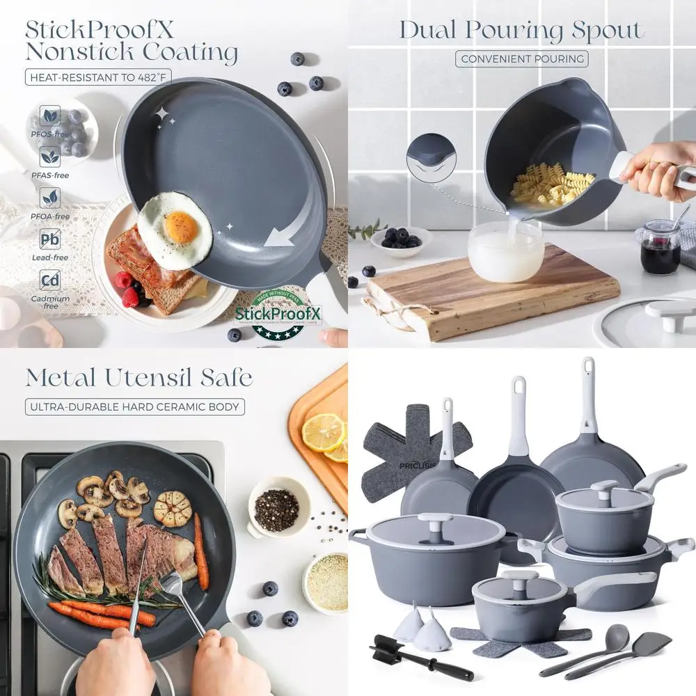

Nonstick 21-Piece Ceramic Cookware Set, Induction-Safe, Dishwasher Friendly, Cool Handles, PTFE/PFOA/PFAS-Free (Blueberry Gray)