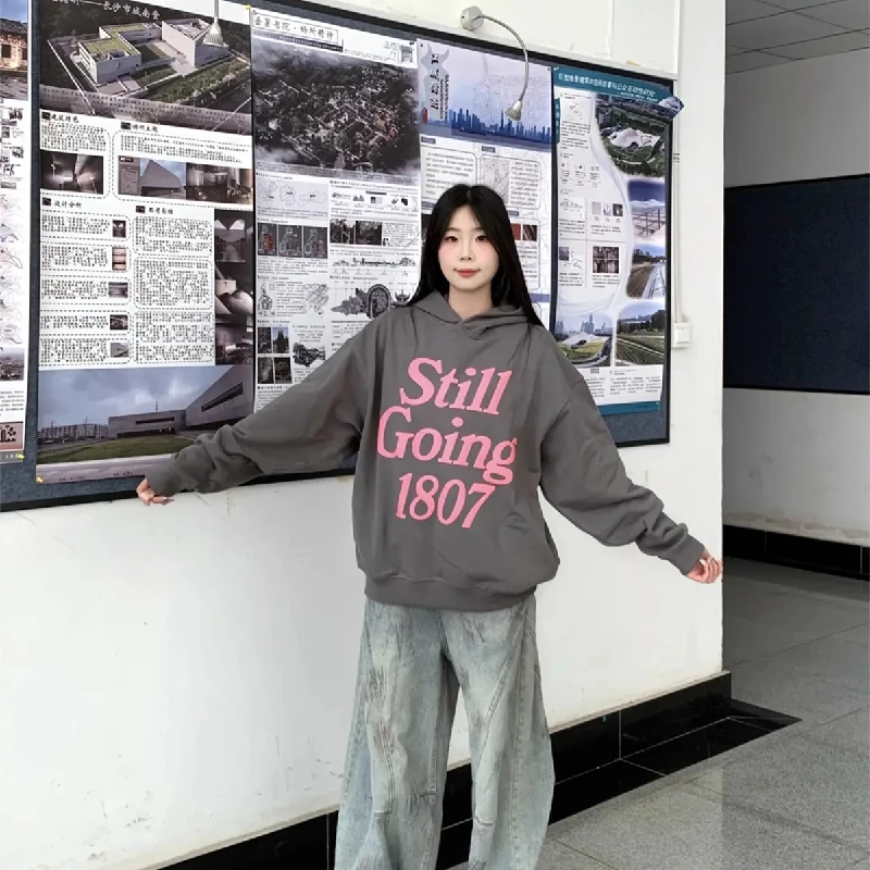 Heavyweight Hoodie Sweatshirt American Style Fleece Lined Lazy Letter Print Street Loose Casual Outerwear for Women