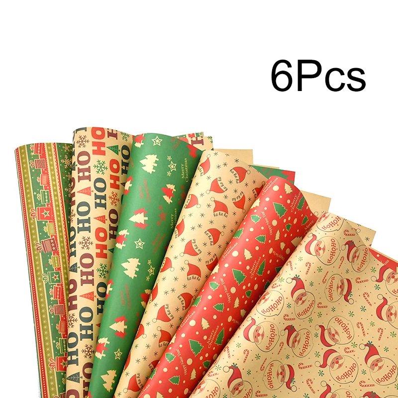 6pcs Vintage Kraft Paper Packaging Paper Christmas Gift Wrapping Paper Snowman Bell Christmas Tree Gift Paper 50*70cm