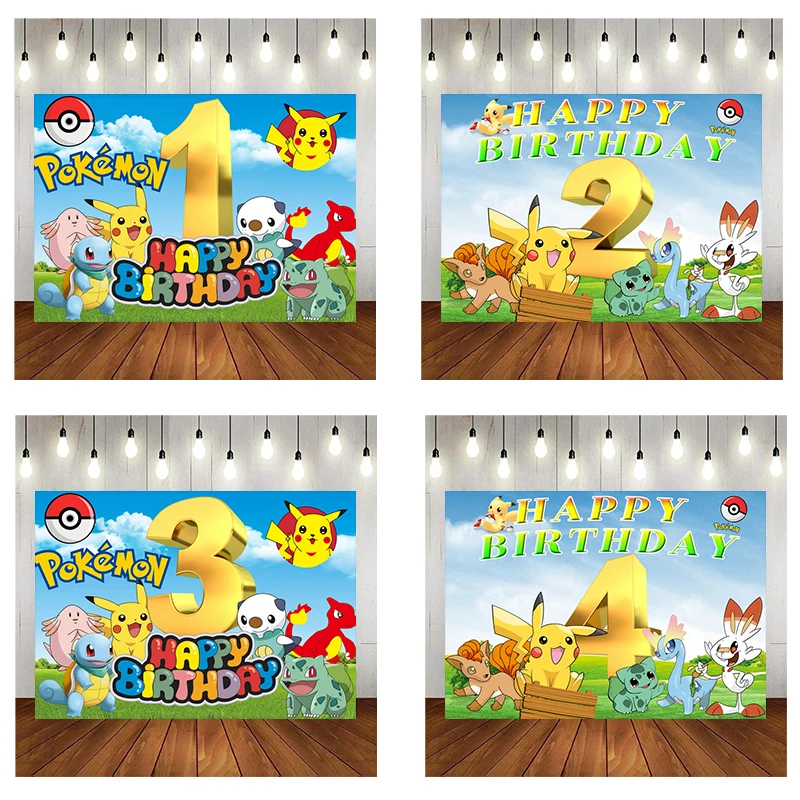 1-9 Years Old Pokemon Pikachu Theme Birthday Party Background Decoration Kids Boy First Birthday Newborn Backdrop Party Supplies