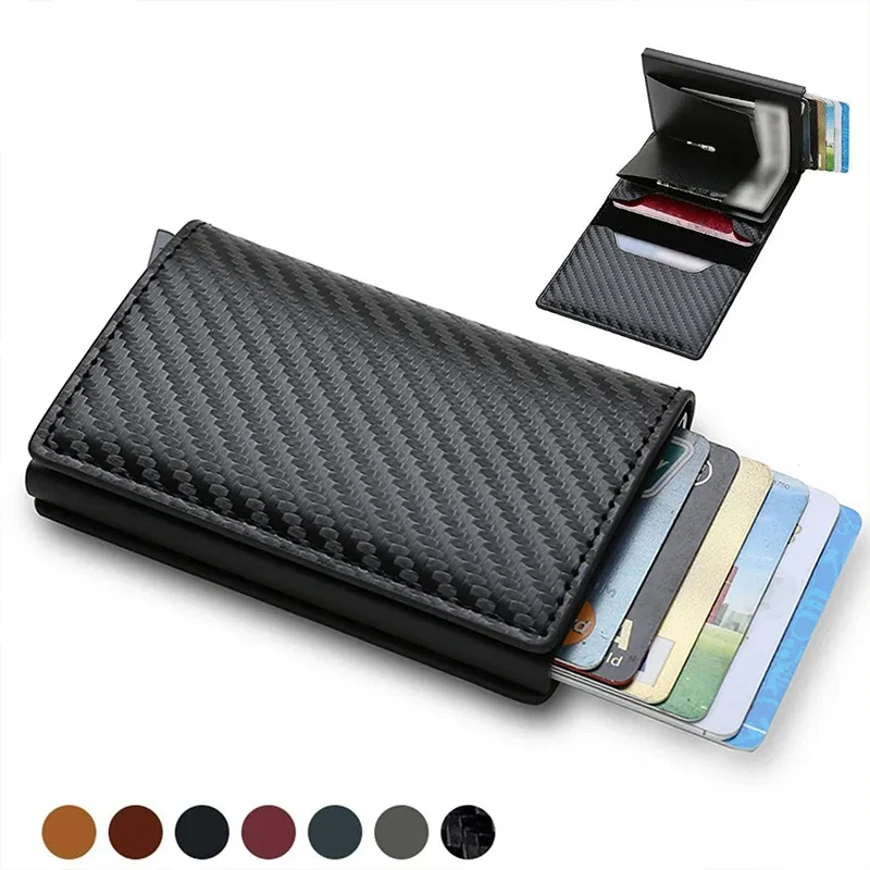 Men and Women Carbon Fiber RFID Anti-magnetic Card Bag Automatic Elastic Credit Card Clip Metal Business Card Case