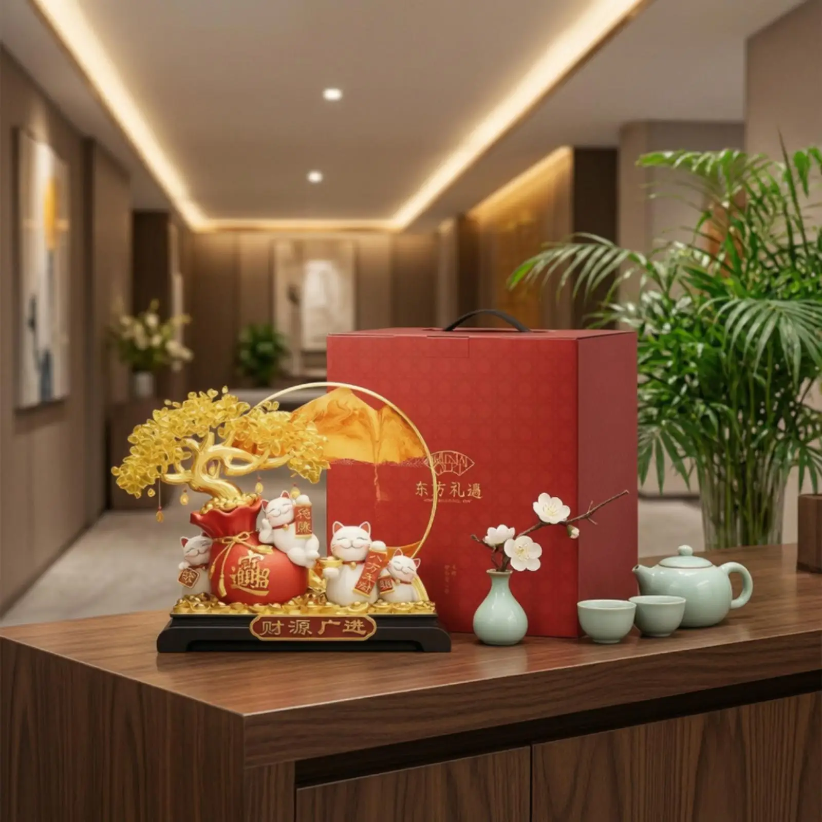 Fortune Cat Statue with Gold Frame Auspicious Fortune Cat Ornament Golden Welcoming Ornament for Business Owners, Cashier