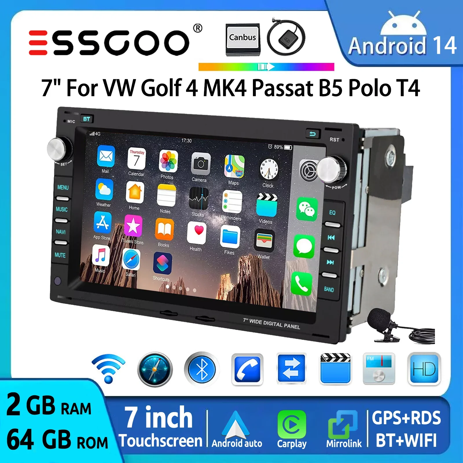 ESSGOO 2+64G 14 7" Car Stereo Radio GPS Navigation For VW Polo Jetta Golf 4 Polo Passat B5 T5 Carplay Android Auto BT Wifi RDS