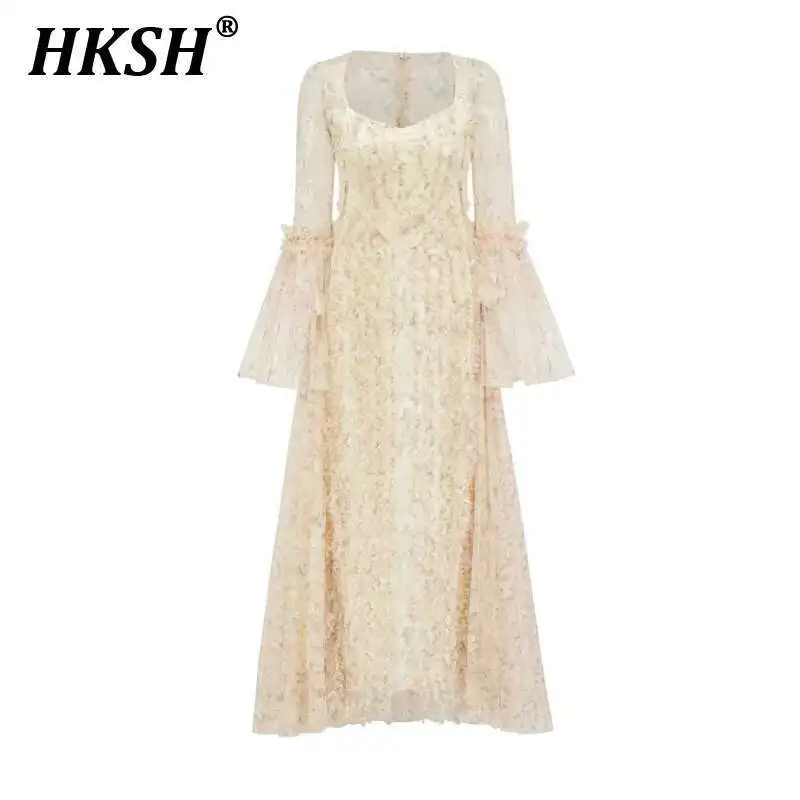 

HKSH Fresh Sweet Printed U-neck Flared Sleeves Sparkling Dress Women Formal Streetwear Elegant Chic Party Sexy Long Skirt HK3834