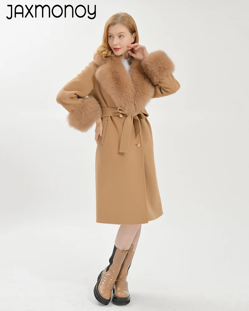 

Jaxmonoy Women's Double Face Cashmere Coat With Luxury Real Fox Fur Collar Cuffs Winter Autumn Ladies Slim Long Wool Trench Coat