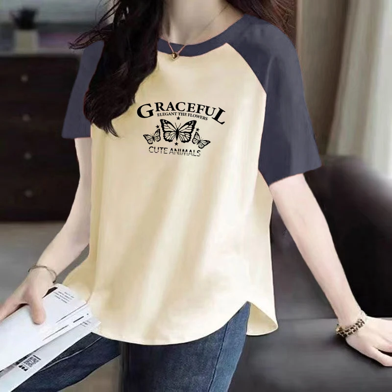 

Новая женская хлопковая футболка с принтом 2025 года, круглый вырез, приталенная, летняя повседневная, модная, с высокой талией, А-силуэт